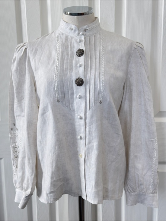 Landhaus Tops - Vintage Landhaus Alpine Dirndl Cottagecore Folk Linen Pleated Top EU 38 US 8